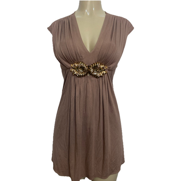 SKY Dress V neck Cap sleeve Jersey Mini Flare Tunic Beige Brown Tiger Gold XS - Picture 1 of 8